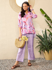 Lavender Cotton Blend Floral Printed Co-ord Set VCORD1073