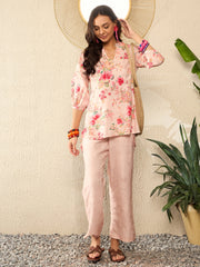 Cream Rayon Blend Floral Printed Co-ord Set VCORD1079