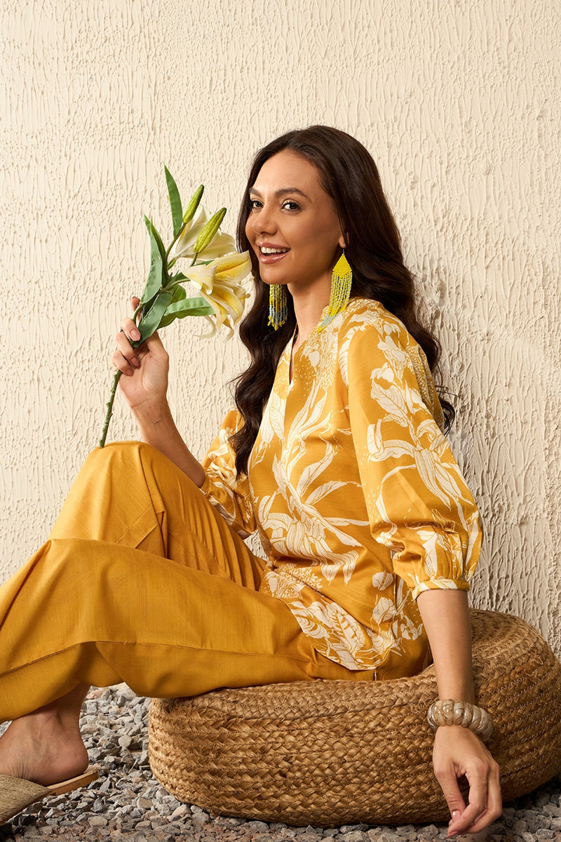 Mustard Rayon Blend Floral Printed Co-Ord Sets VCORD1083