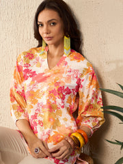 Off White Rayon Blend Floral Printed Coord Sets VCORD1084