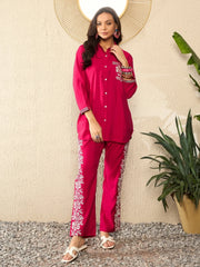 Women Pink Silk Blend Solid Embroidered Regular Coord Sets-VCORD1096