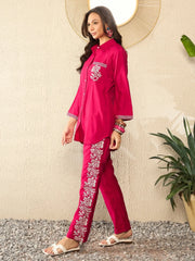 Women Pink Silk Blend Solid Embroidered Regular Coord Sets-VCORD1096