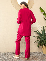 Women Pink Silk Blend Solid Embroidered Regular Coord Sets-VCORD1096