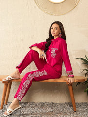 Women Pink Silk Blend Solid Embroidered Regular Coord Sets-VCORD1096