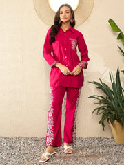 Women Pink Silk Blend Solid Embroidered Regular Coord Sets-VCORD1096