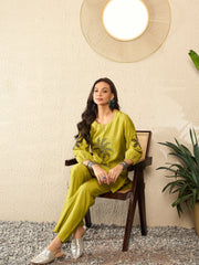 Green Silk Blend Embroidered Solid Co-ord Set VCORD1102