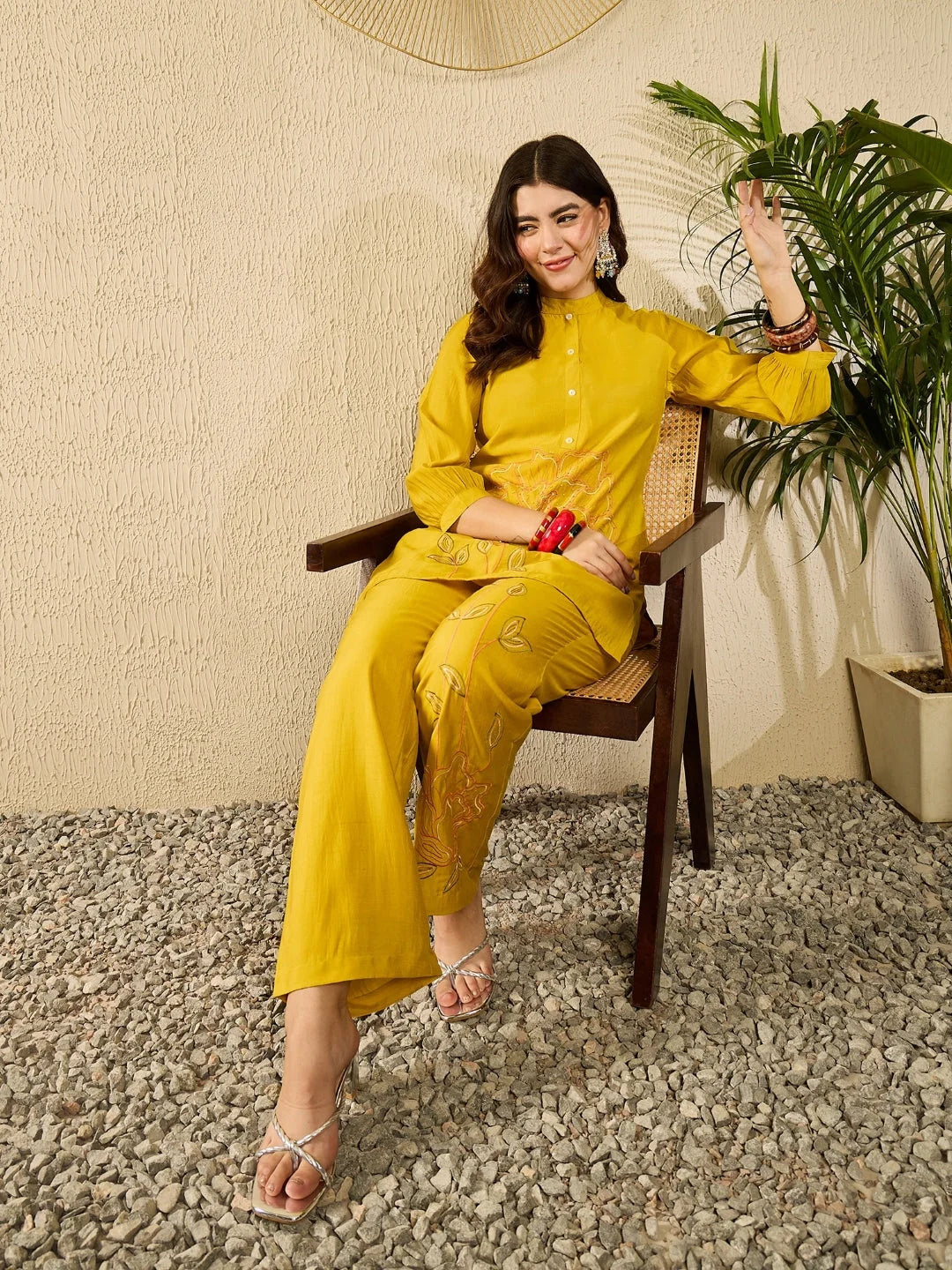 Women Mustard Silk Blend Solid Embroidered Regular Coord Sets-VCORD1104