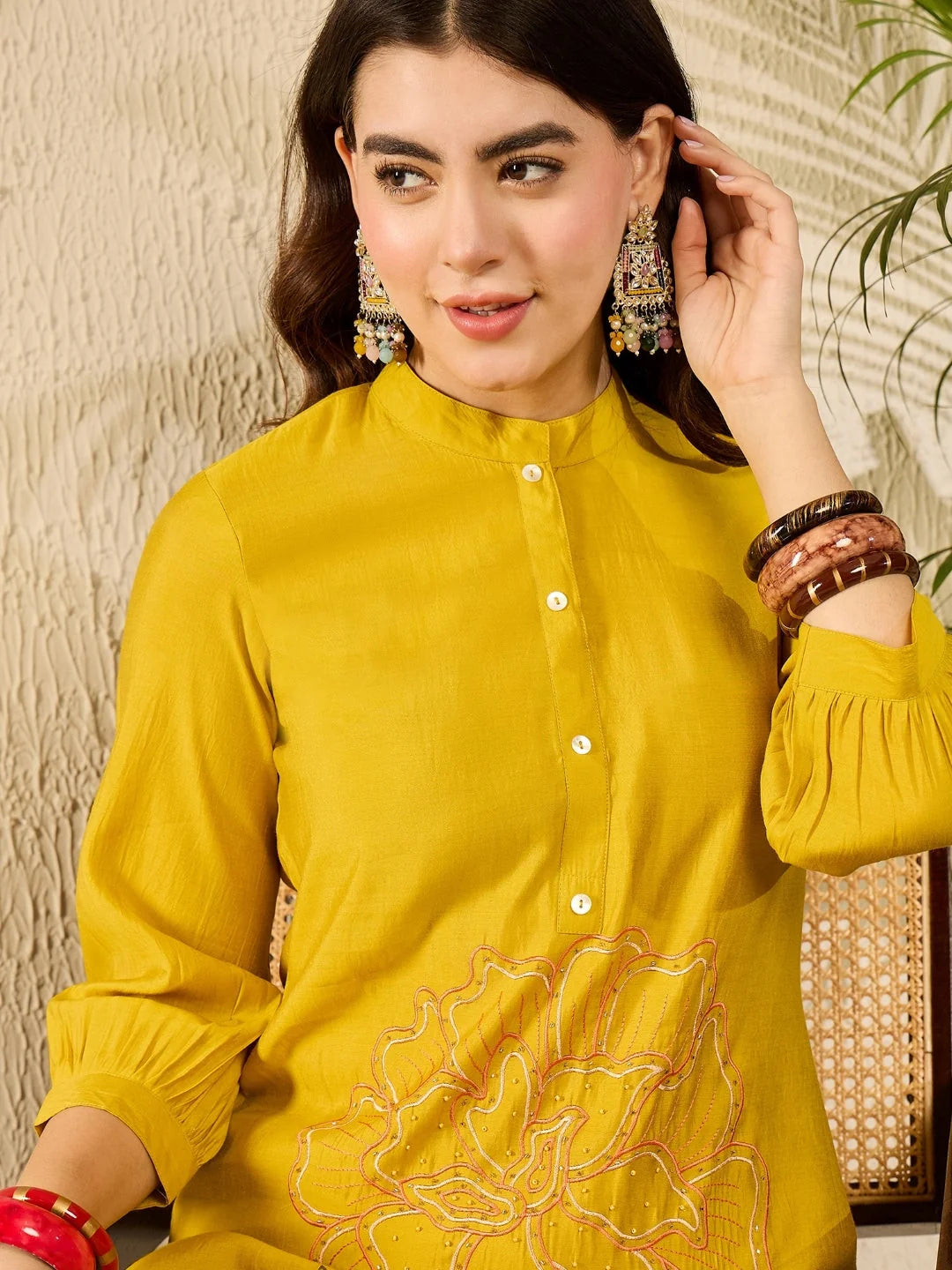 Women Mustard Silk Blend Solid Embroidered Regular Coord Sets