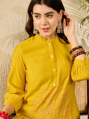Women Mustard Silk Blend Solid Embroidered Regular Coord Sets-VCORD1104