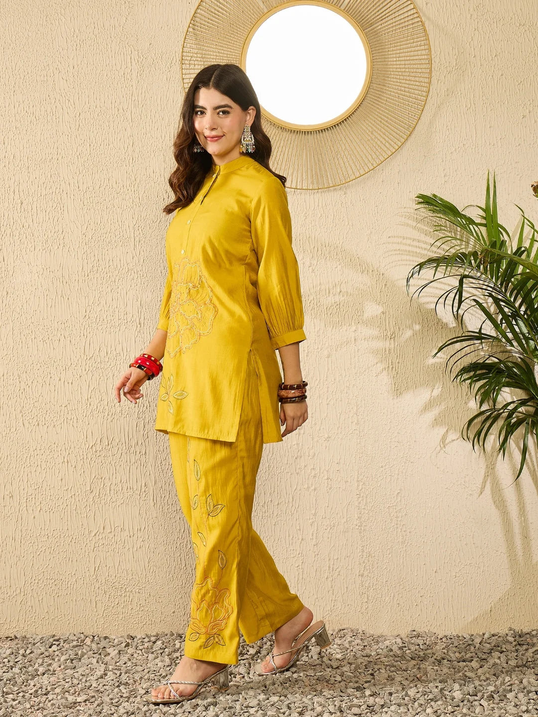Women Mustard Silk Blend Solid Embroidered Regular Coord Sets