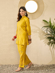 Women Mustard Silk Blend Solid Embroidered Regular Coord Sets-VCORD1104