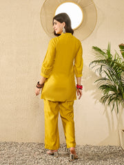 Women Mustard Silk Blend Solid Embroidered Regular Coord Sets-VCORD1104