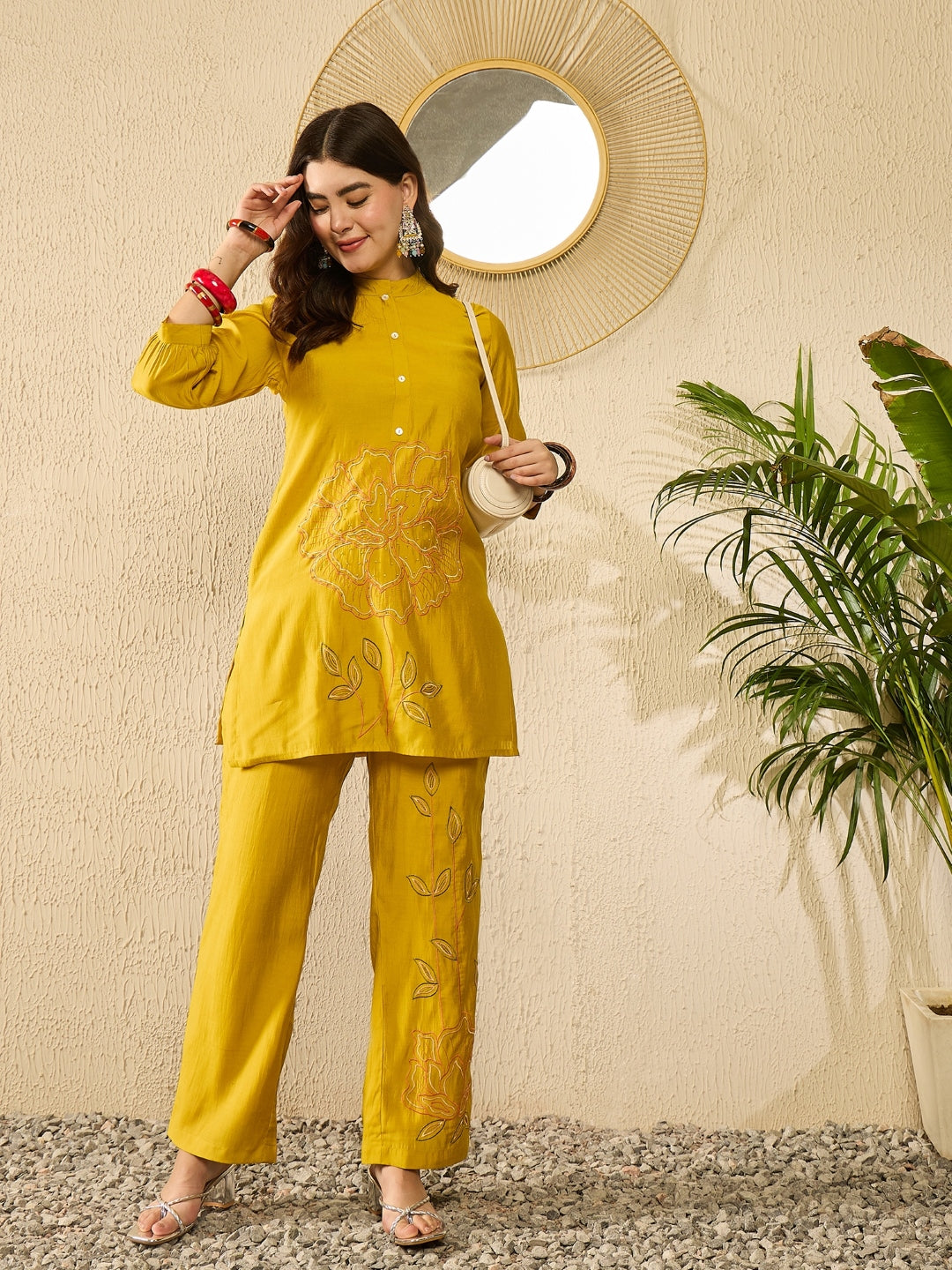 Women Mustard Silk Blend Solid Embroidered Regular Coord Sets