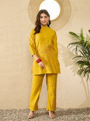 Women Mustard Silk Blend Solid Embroidered Regular Coord Sets-VCORD1104