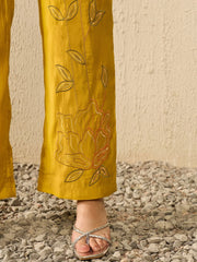 Women Mustard Silk Blend Solid Embroidered Regular Coord Sets-VCORD1104