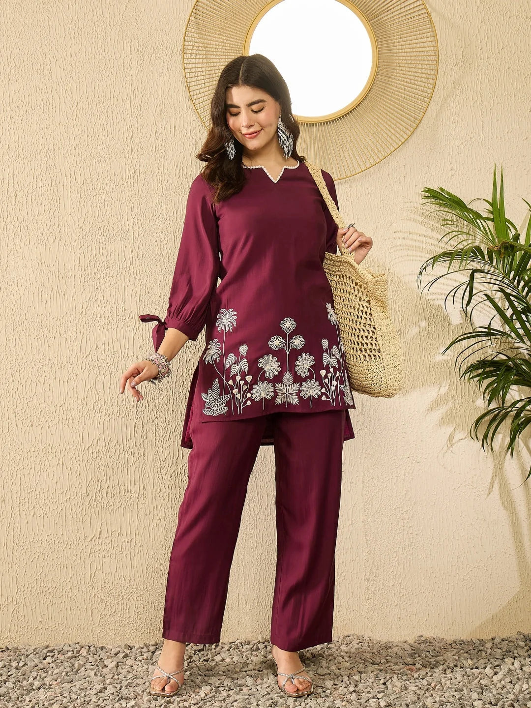 Women Purple Silk Blend Solid Embroidered Coord Sets-VCORD1105