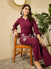 Women Purple Silk Blend Solid Embroidered Coord Sets-VCORD1105
