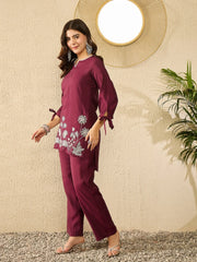 Women Purple Silk Blend Solid Embroidered Coord Sets-VCORD1105