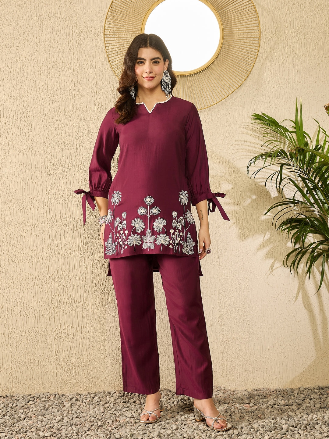 Women Purple Silk Blend Solid Embroidered Coord Sets