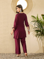 Women Purple Silk Blend Solid Embroidered Coord Sets-VCORD1105