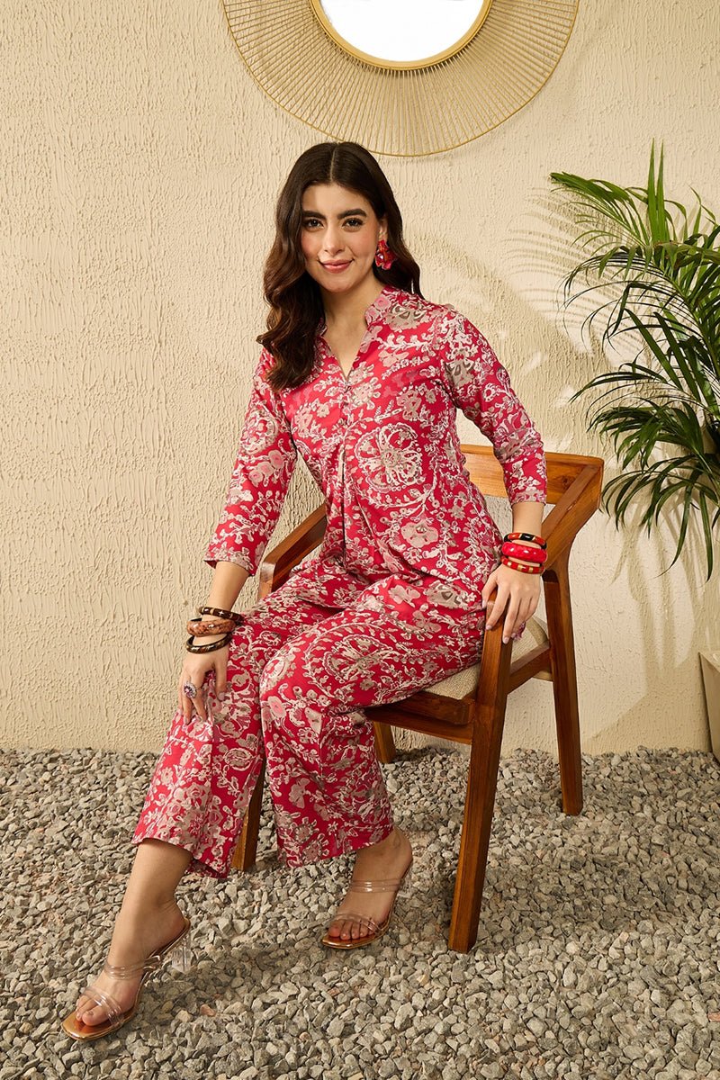 Red Rayon Blend Floral Printed Co-Ord Set VCORD1110 | DesiQlo
