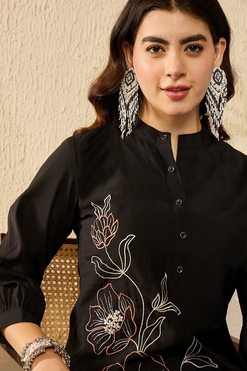 Black Silk Blend Solid Embroidered Coord Sets VCORD1113 | DesiQlo