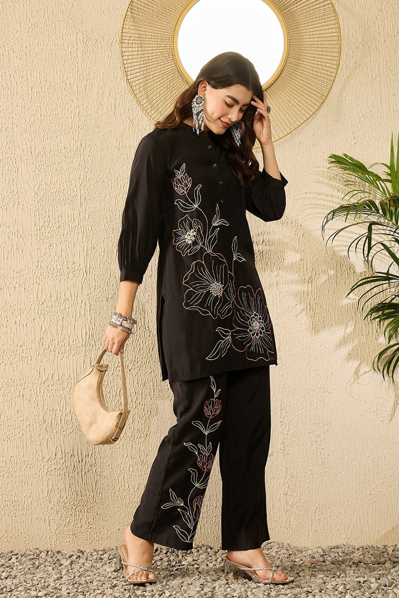 Black Silk Blend Solid Embroidered Coord Sets VCORD1113 | DesiQlo