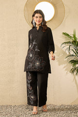 Black Silk Blend Solid Embroidered Coord Sets VCORD1113