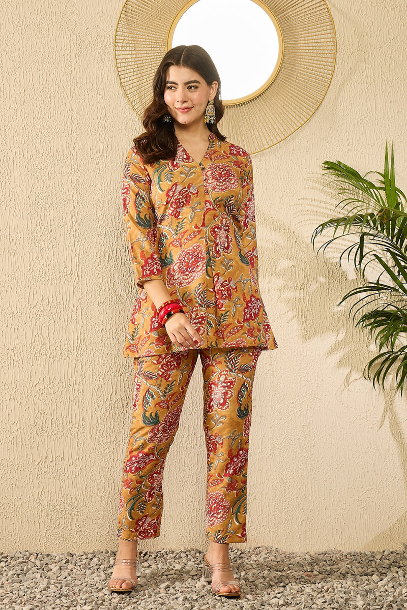 Mustard Yellow Rayon Blend Floral Printed Co-Ord Set VCORD1122 | DesiQ