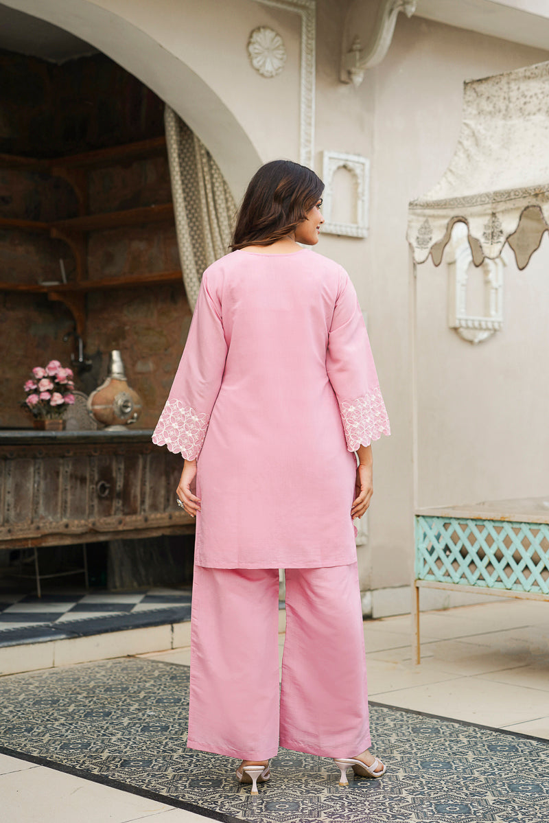 Pink Silk Blend Solid Embroidered Coord Sets VCORD1133