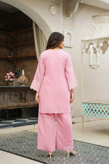 Pink Silk Blend Solid Embroidered Cut Work Coord Sets VCORD1133