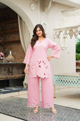 Pink Silk Blend Solid Embroidered Cut Work Coord Sets VCORD1133