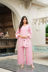 Pink Silk Blend Solid Embroidered Cut Work Coord Sets VCORD1133