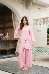 Pink Silk Blend Solid Embroidered Cut Work Coord Sets VCORD1133