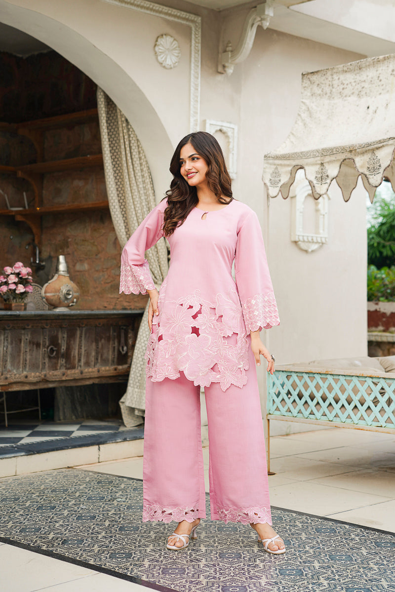 Pink Silk Blend Solid Embroidered Coord Sets VCORD1133
