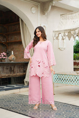 Pink Silk Blend Solid Embroidered Cut Work Coord Sets VCORD1133