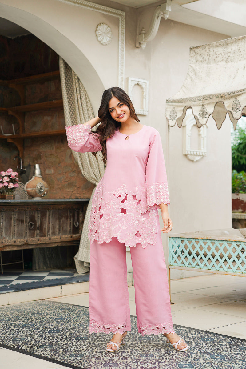 Pink Silk Blend Solid Embroidered Coord Sets VCORD1133
