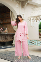 Pink Silk Blend Solid Embroidered Cut Work Coord Sets VCORD1133