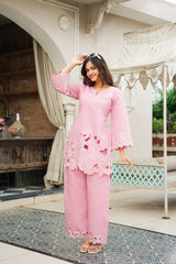 Pink Silk Blend Solid Embroidered Cut Work Coord Sets VCORD1133