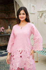 Pink Silk Blend Solid Embroidered Cut Work Coord Sets VCORD1133