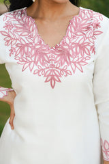 White Silk Blend Solid Embroidered Coord Sets VCORD1135