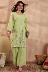 Green Pure Cotton Embroidered Scalloped Coord Sets VCORD1137
