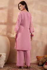 Pink Silk Blend Embroidered Straight Coord Sets VCORD1139