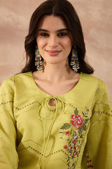 Green Silk Blend Embroidered Straight Coord Sets VCORD1140