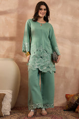 Blue Silk Blend Embroidered Scalloped Coord Sets VCORD1142