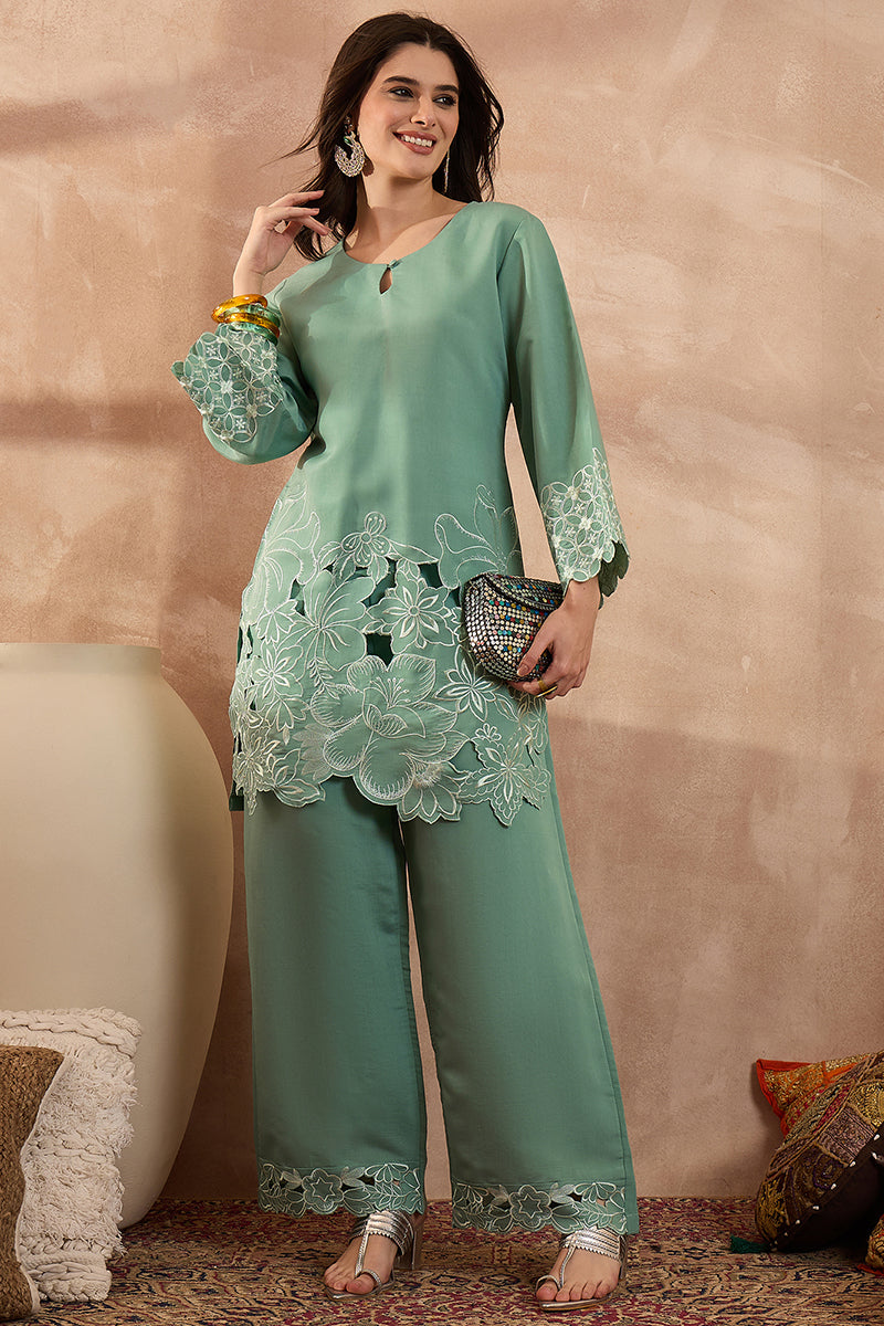 Blue Silk Blend Embroidered Scalloped Coord Sets VCORD1142