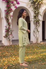 Green Embellished Silk Blend Round Neck Co-Ords VCORD1143