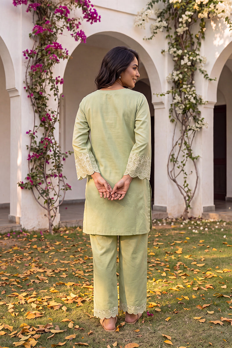 Green Embellished Silk Blend Round Neck Co-Ords VCORD1143