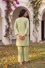 Green Embellished Silk Blend Round Neck Co-Ords VCORD1143