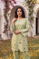 Green Embellished Silk Blend Round Neck Co-Ords VCORD1143